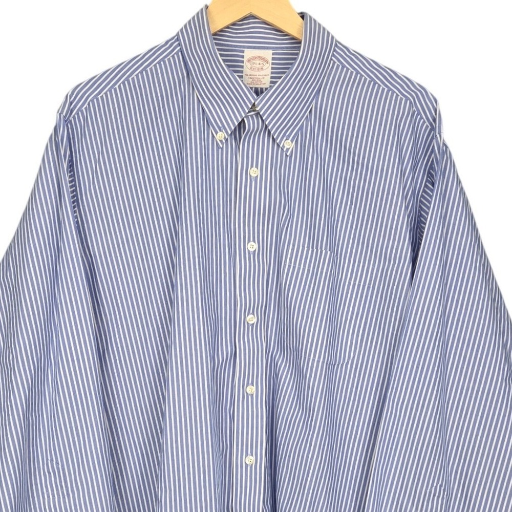 Brooks Brothers Button Down Shirt Mens 17.5 34/35 Blue White Stripe Non-Iron